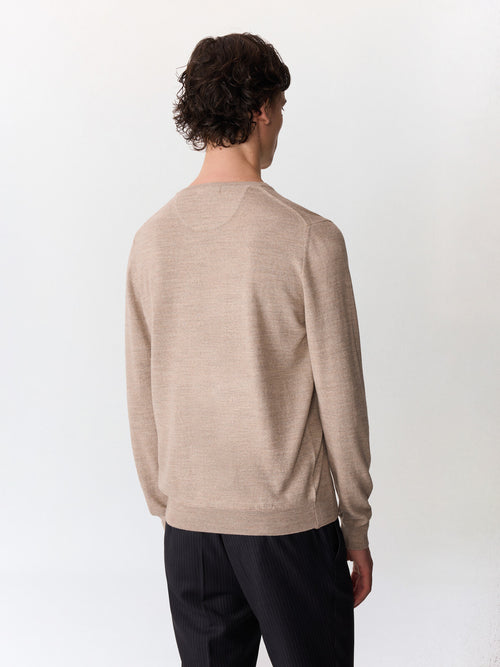 Pull col V en laine Mérinos mélangée marron clair - Father & Sons   - 2 