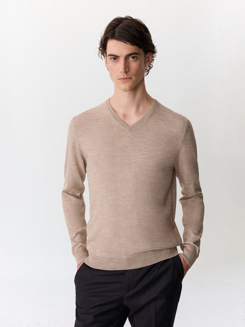 Pull col V en laine Mérinos mélangée marron clair - Father & Sons   - 1 