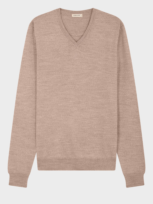 Pull col V en laine Mérinos mélangée marron clair - Father & Sons   - 5 