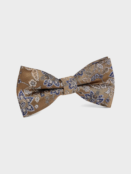 Noeud papillon en soie mélangée marron à motif fleuri bleu - 1 - Father & Sons   - 9 