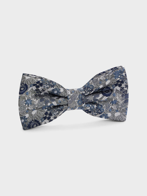 Noeud papillon en soie mélangée grise à motif fleuri bleu - Father & Sons   -  