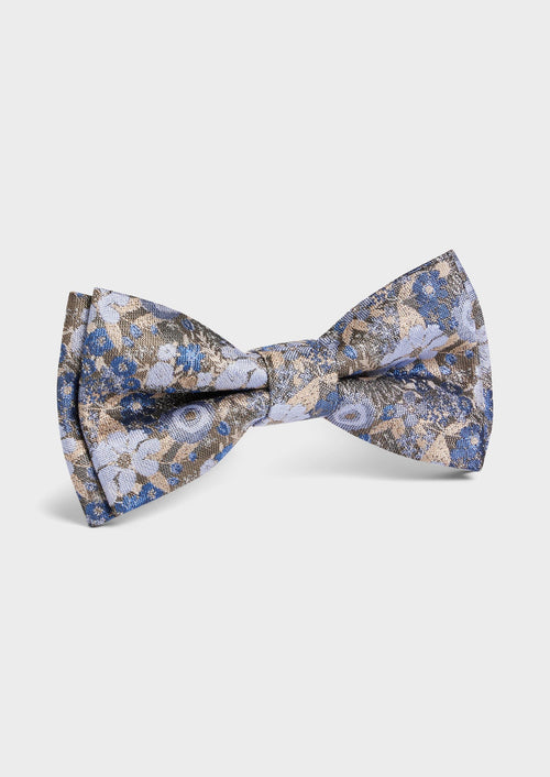 Noeud papillon en soie mélangée marron à motif fleuri bleu chambray - 1 - Father & Sons   - 6 