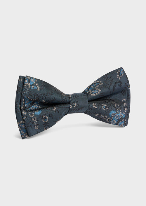 Noeud papillon en soie mélangée bleu prusse à motif fleuri gris et bleu - 1 - Father & Sons   - 9 