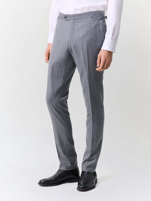 Pantalon coordonnable slim en laine mélangée grise à rayures - 1 - Father & Sons   - 15 