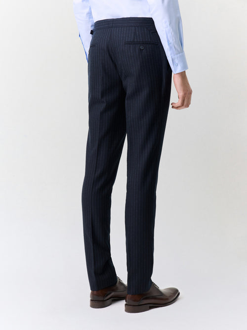 Pantalon coordonnable slim en laine mélangée bleu marine à rayures - 2 - Father & Sons   - 14 