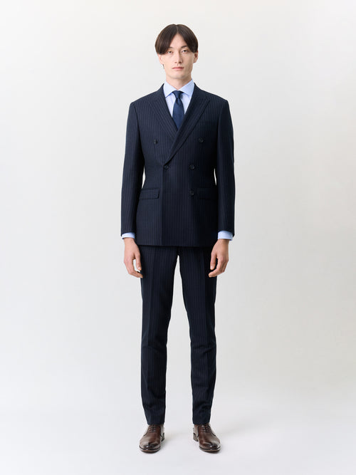 Pantalon coordonnable slim en laine mélangée bleu marine à rayures - Father & Sons   - 4 