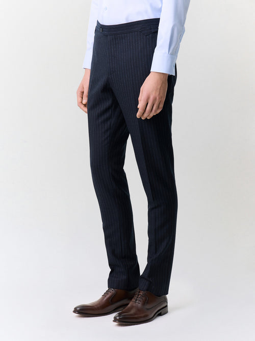 Pantalon coordonnable slim en laine mélangée bleu marine à rayures - 1 - Father & Sons   - 14 