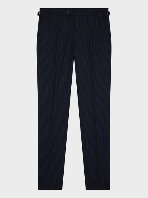 Pantalon coordonnable slim en laine mélangée bleu marine à rayures - 1 - Father & Sons   - 5 