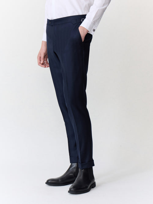 Pantalon coordonnable slim en laine mélangée bleu marine - 1 - Father & Sons   - 4 