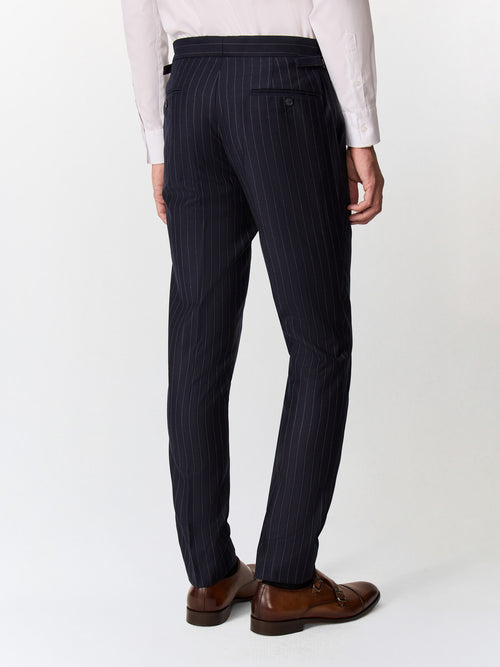Pantalon coordonnable slim en laine mélangée bleu marine à rayures - Father & Sons   - 2 
