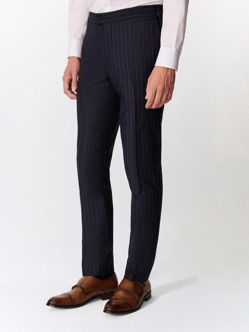 Pantalon coordonnable slim en laine mélangée bleu marine à rayures - Father & Sons   -  