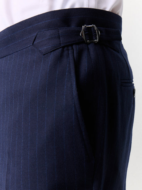 Pantalon coordonnable slim en laine stretch bleu marine à rayures - 2 - Father & Sons   - 9 