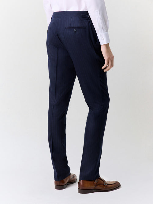 Pantalon coordonnable slim en laine stretch bleu marine à rayures - 2 - Father & Sons   - 13 