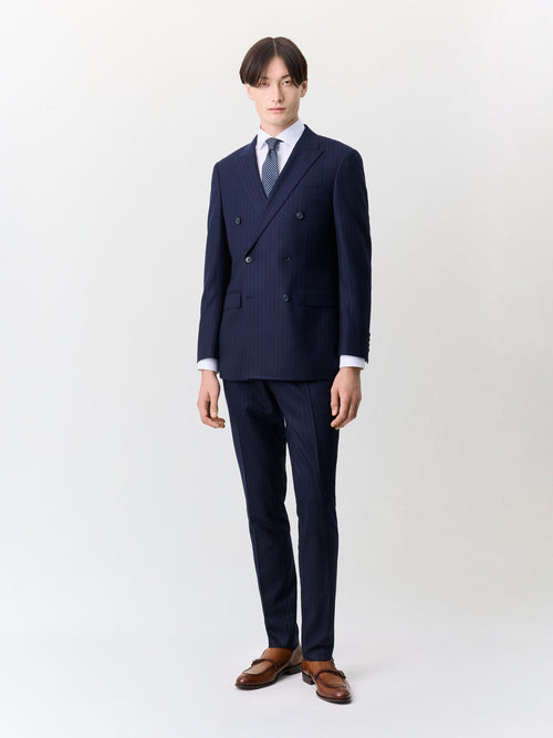 Pantalon coordonnable slim en laine stretch bleu marine à rayures - Father & Sons   - 3 