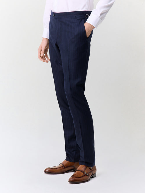 Pantalon coordonnable slim en laine stretch bleu marine à rayures - 1 - Father & Sons   - 9 