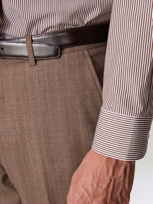 Pantalon coordonnable slim en laine mélangée marron à rayures - Father & Sons   - 4 