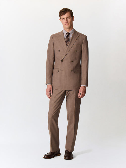 Pantalon coordonnable slim en laine mélangée marron à rayures - Father & Sons   - 3 