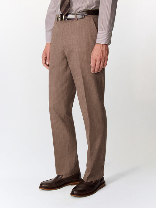 Pantalon coordonnable slim en laine mélangée marron à rayures - Father & Sons   -  