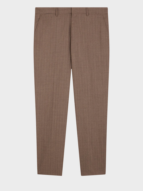 Pantalon coordonnable slim en laine mélangée marron à rayures - Father & Sons   - 5 