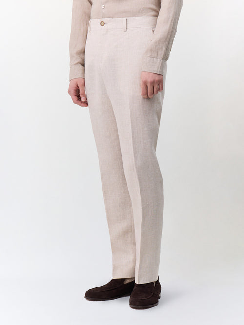 Pantalon coordonnable slim en lin beige Prince de Galles - 1 - Father & Sons   - 10 