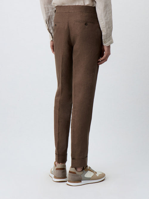 Pantalon coordonnable Regular en lin marron - 2 - Father & Sons   - 5 