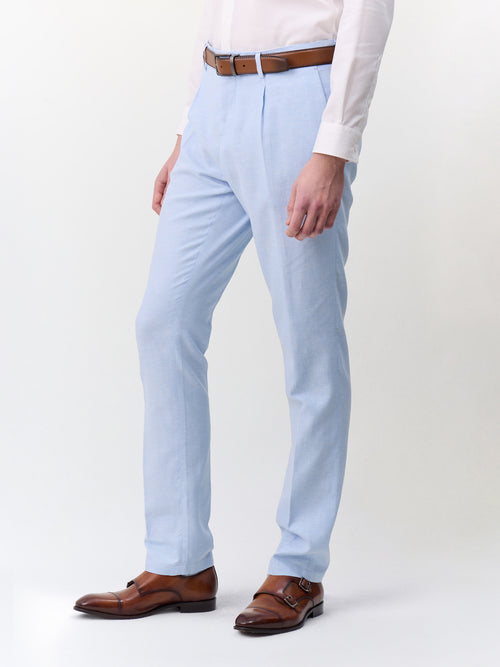 Pantalon coordonnable slim en lin et coton bleu ciel - 1 - Father & Sons   - 19 