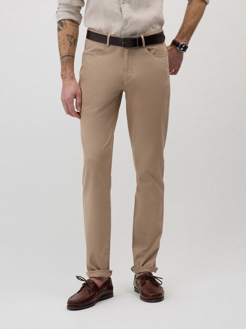 Pantalon casual slack regular en coton stretch marron - 1 - Father & Sons   - 16 