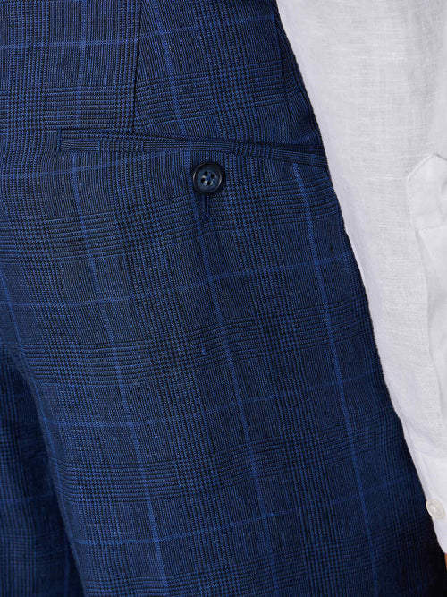 Pantalon coordonnable slim en lin bleu indigo Prince de Galles - Father & Sons   - 3 