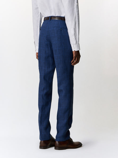 Pantalon coordonnable slim en lin bleu indigo Prince de Galles - 2 - Father & Sons   - 16 