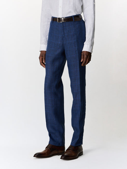 Pantalon coordonnable slim en lin bleu indigo Prince de Galles - 1 - Father & Sons   - 16 