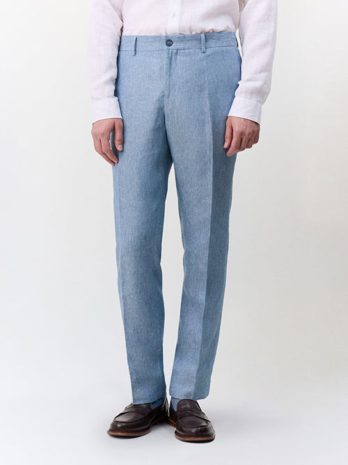 Pantalon coordonnable slim en lin bleu jeans - 1 - Father & Sons   - 9 
