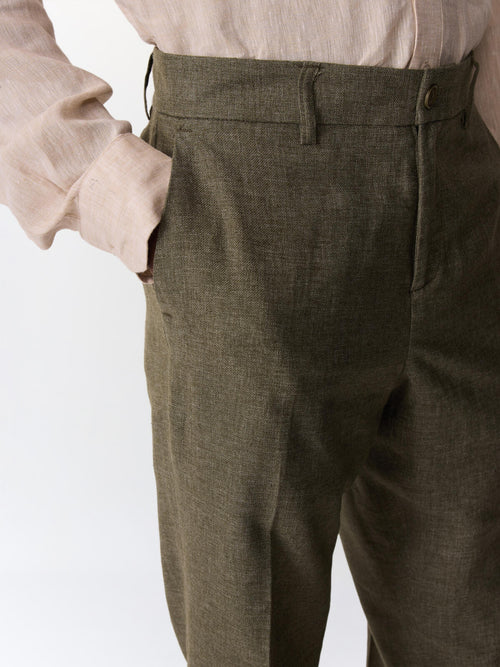 Pantalon coordonnable slim en lin mélangé kaki - Father & Sons   - 3 