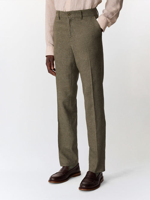 Pantalon coordonnable slim en lin mélangé kaki - 1 - Father & Sons   - 16 