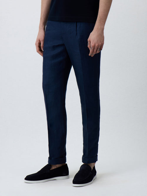 Pantalon coordonnable Slim en lin bleu marine - Father & Sons   -  