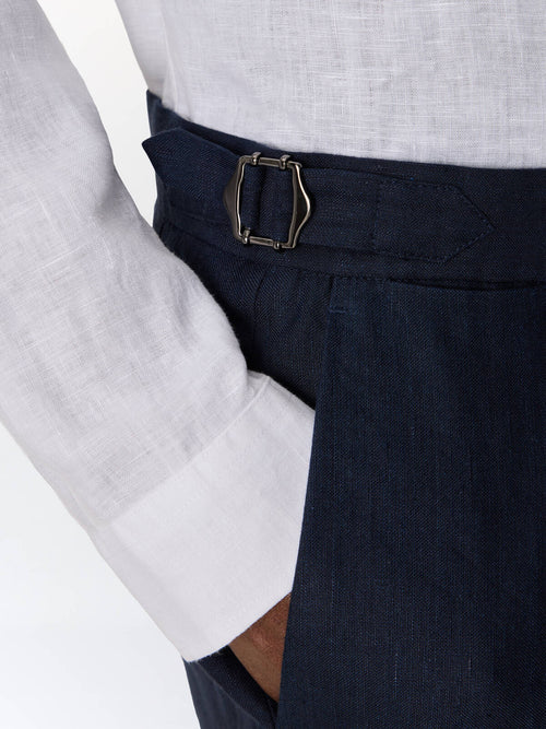 Pantalon coordonnable slim en lin mélangé bleu marine - Father & Sons   - 3 