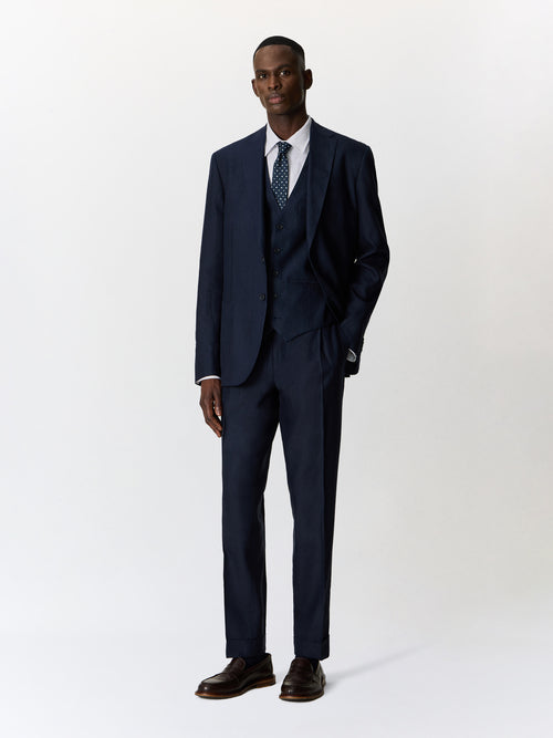 Pantalon coordonnable slim en lin mélangé bleu marine - Father & Sons   - 4 