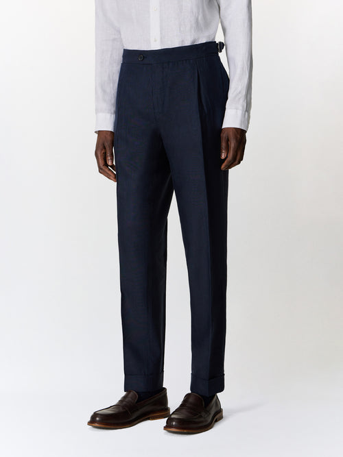 Pantalon coordonnable slim en lin mélangé bleu marine - 1 - Father & Sons   - 19 