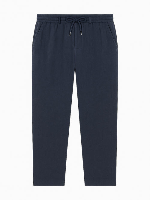 Pantalon casual regular en lin bleu marine - 1 - Father & Sons   - 2 