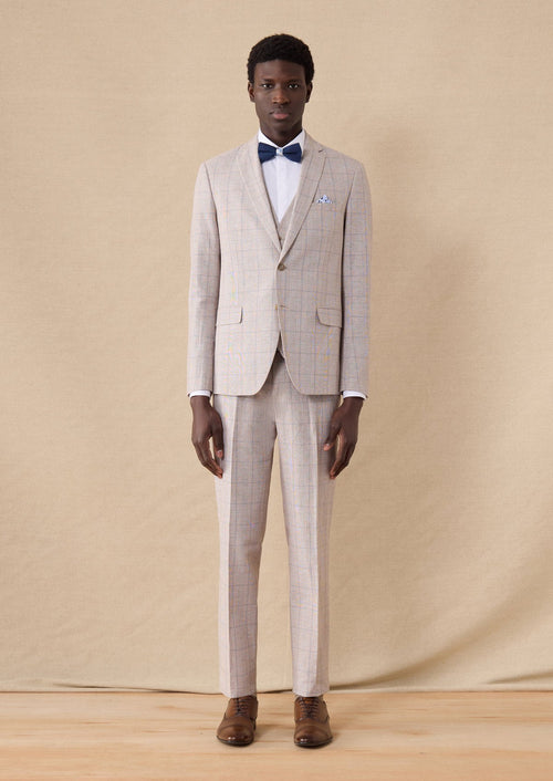 Pantalon coordonnable Slim en coton et lin beiges Prince de Galles - 1 - Father & Sons   - 12 