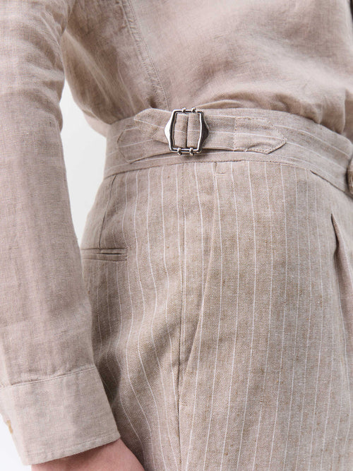 Pantalon coordonnable slim en lin et coton marron clair à rayures - Father & Sons   - 3 