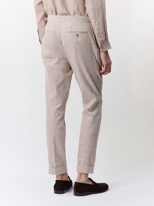 Pantalon coordonnable slim en lin et coton marron clair à rayures - Father & Sons   - 2 