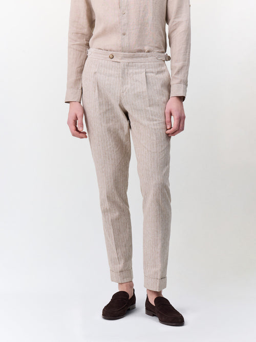 Pantalon coordonnable slim en lin et coton marron clair à rayures - Father & Sons   -  