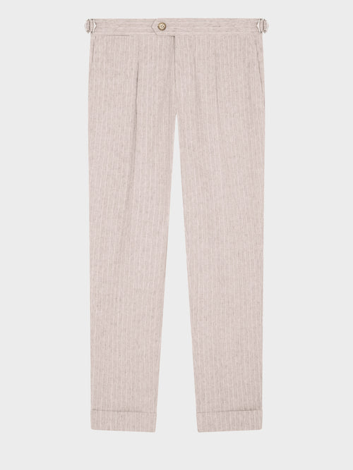 Pantalon coordonnable slim en lin et coton marron clair à rayures - Father & Sons   - 4 