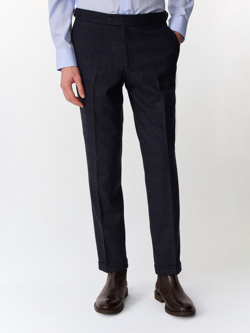 Pantalon coordonnable slim en laine mélangée bleu indigo Prince de Galles - Father & Sons   - 1 