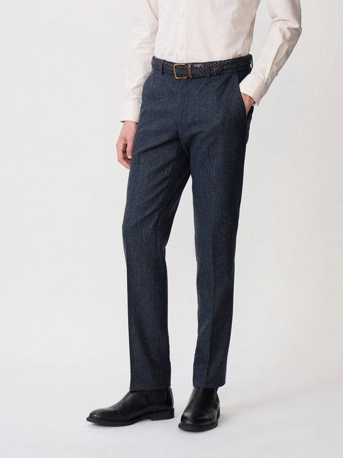 Pantalon coordonnable slim en laine mélangée bleu indigo Prince de Galles - 1 - Father & Sons   - 19 