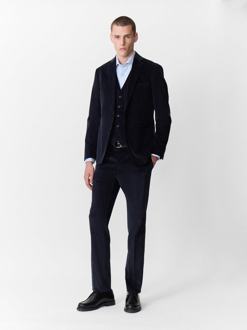 Pantalon coordonnable slim en velours côtelé bleu marine - Father & Sons   - 4 