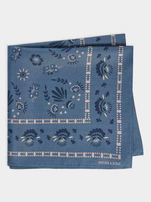 Pochette en soie bleu céruléen à motif - Father & Sons   - 1 