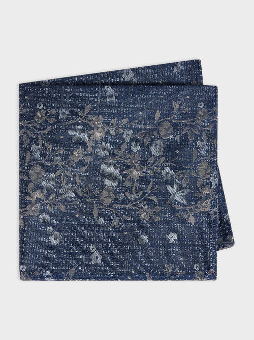 Pochette en coton et soie bleu chambray à motif fleuri - 1 - Father & Sons   - 18 