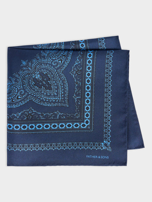 Pochette en soie bleu chambray à motif cachemire - Father & Sons   - 1 