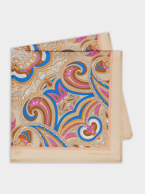 Pochette en soie beige à motif bleu et rose - Father & Sons   -  
